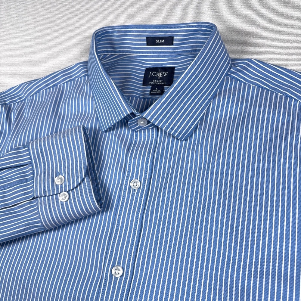 J Crew Bowery Performance Slim Fit Shirt Mens Size L Blue Striped Long Sleeve